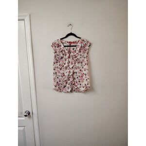 Elle Womens Pink Orange Floral Ruffle V-Neck Sleeveless Blouse Top Small
